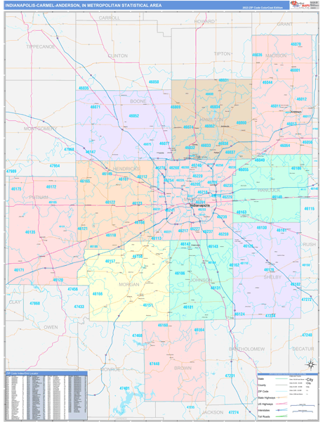 Indianapolis-Carmel-Anderson Metro Area Wall Map Color Cast Style